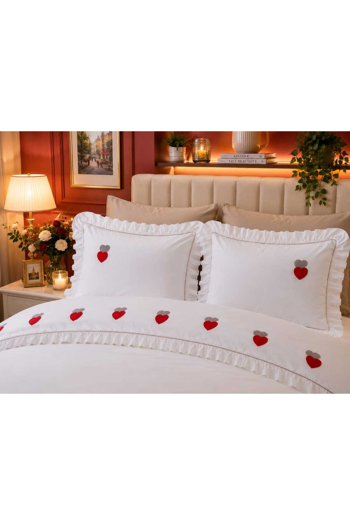 Romance Punch Kalp Nakışlı Fırfırlı Fitilli 6 Parça 0 Pamuk Çift Kişilik Nevresim Seti