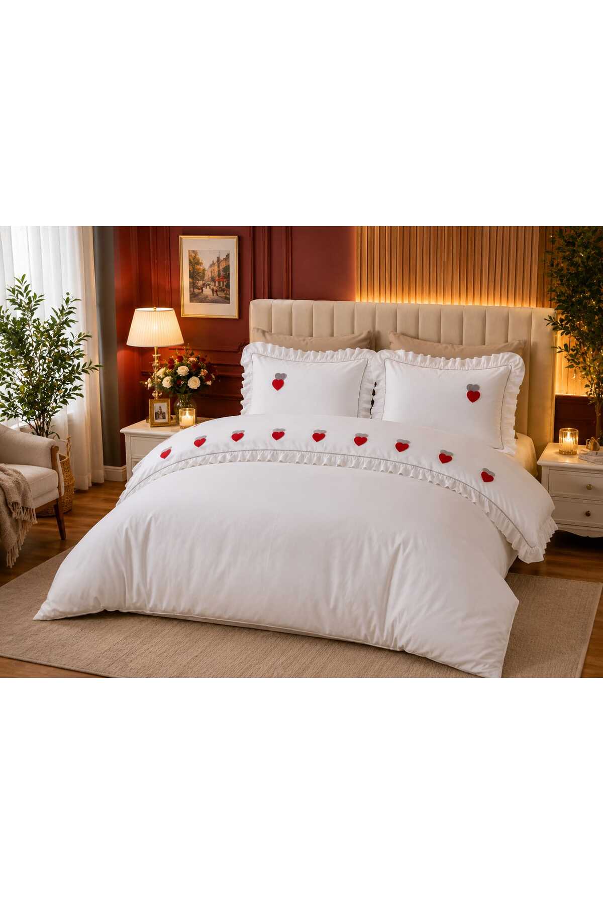 Romance Punch Kalp Nakışlı Fırfırlı Fitilli 6 Parça 0 Pamuk Çift Kişilik Nevresim Seti