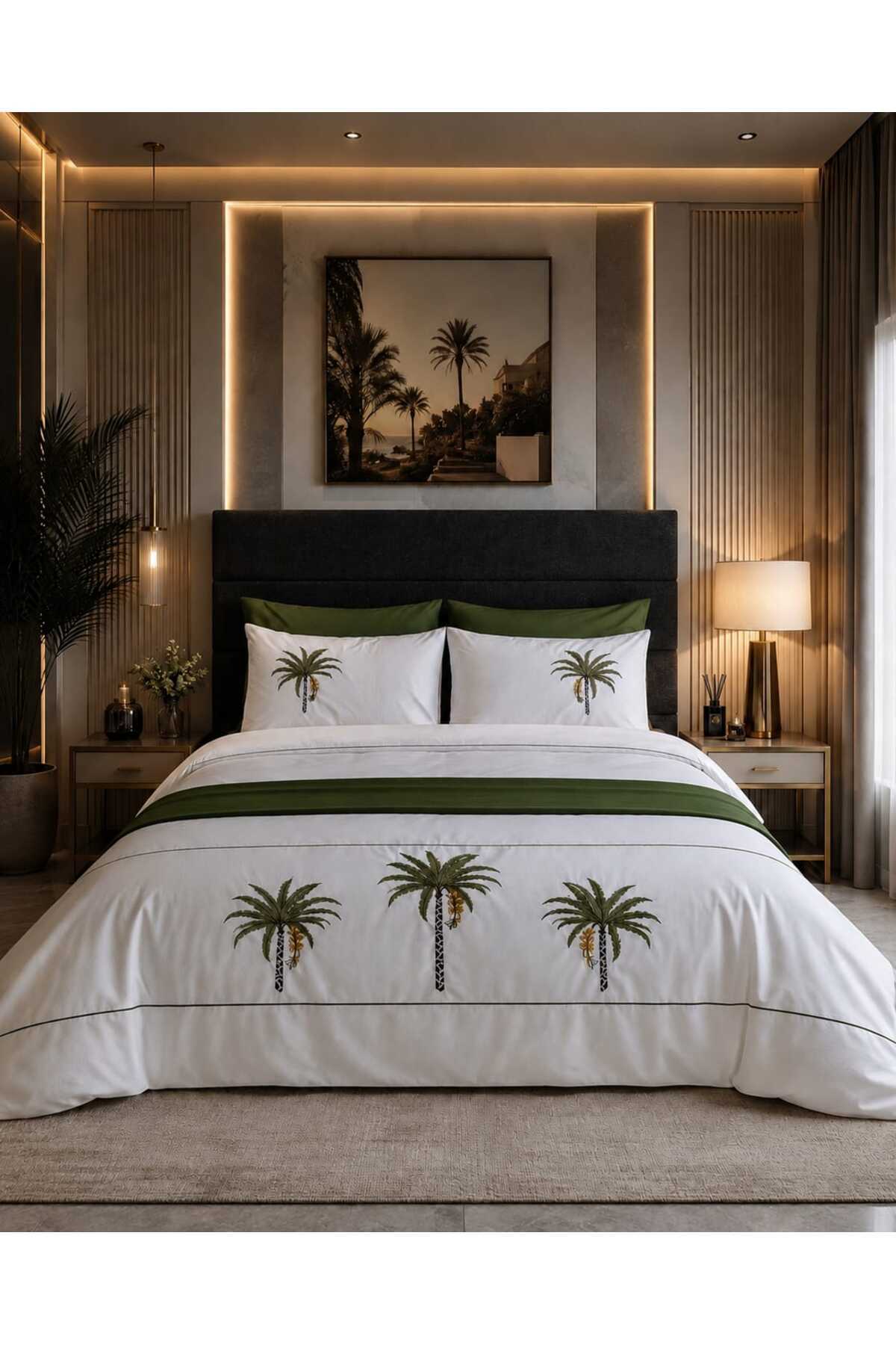 Oasis Palm 0 Pamuk Palmiye Nakışlı Çift Kişilik Runnerlı Nevresim Takımı 7 Parça