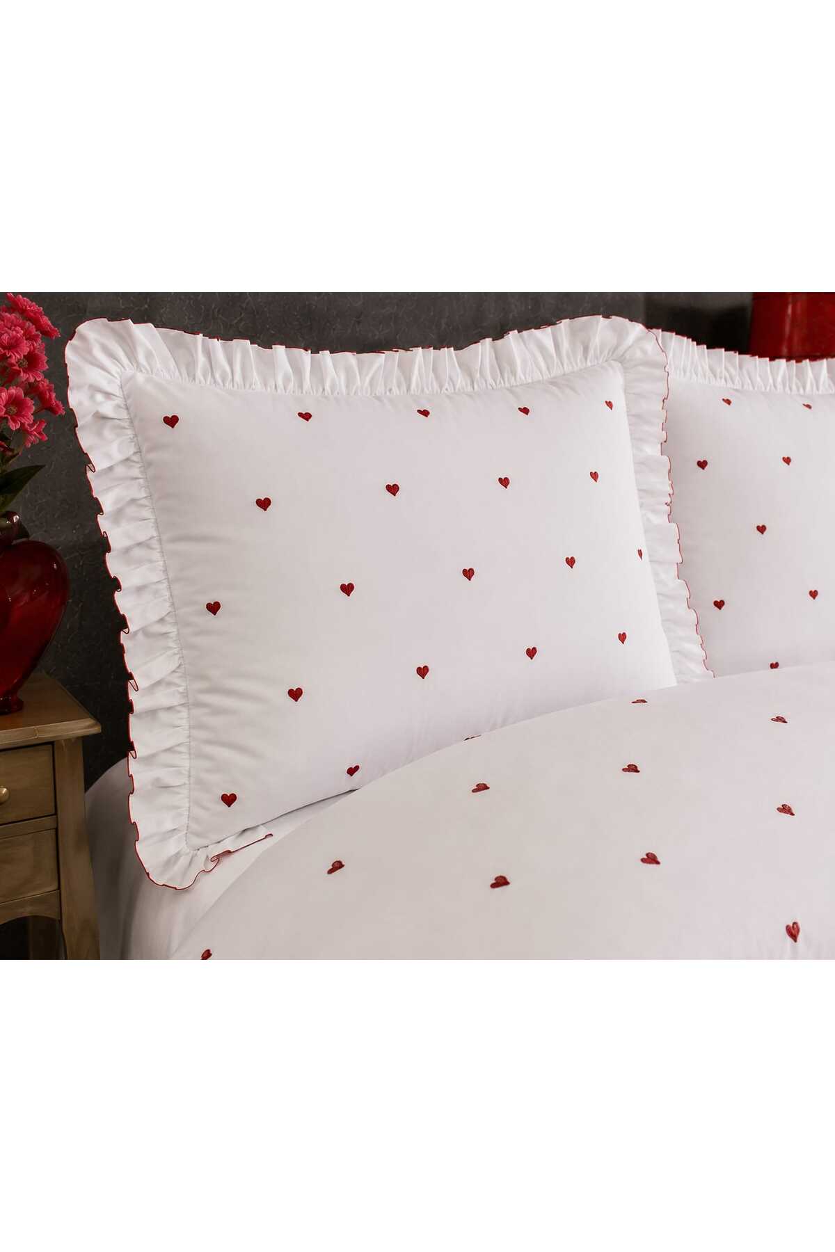 Amor Serpme Kalp Nakışlı 6 Parça 0 Pamuk Çİft Kişilik Çeyizlik Nevresim Seti